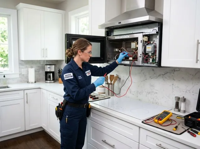 Appliance Repair Hero technician testing an over-the-range microwave in a Bird In Hand, PA kitchen